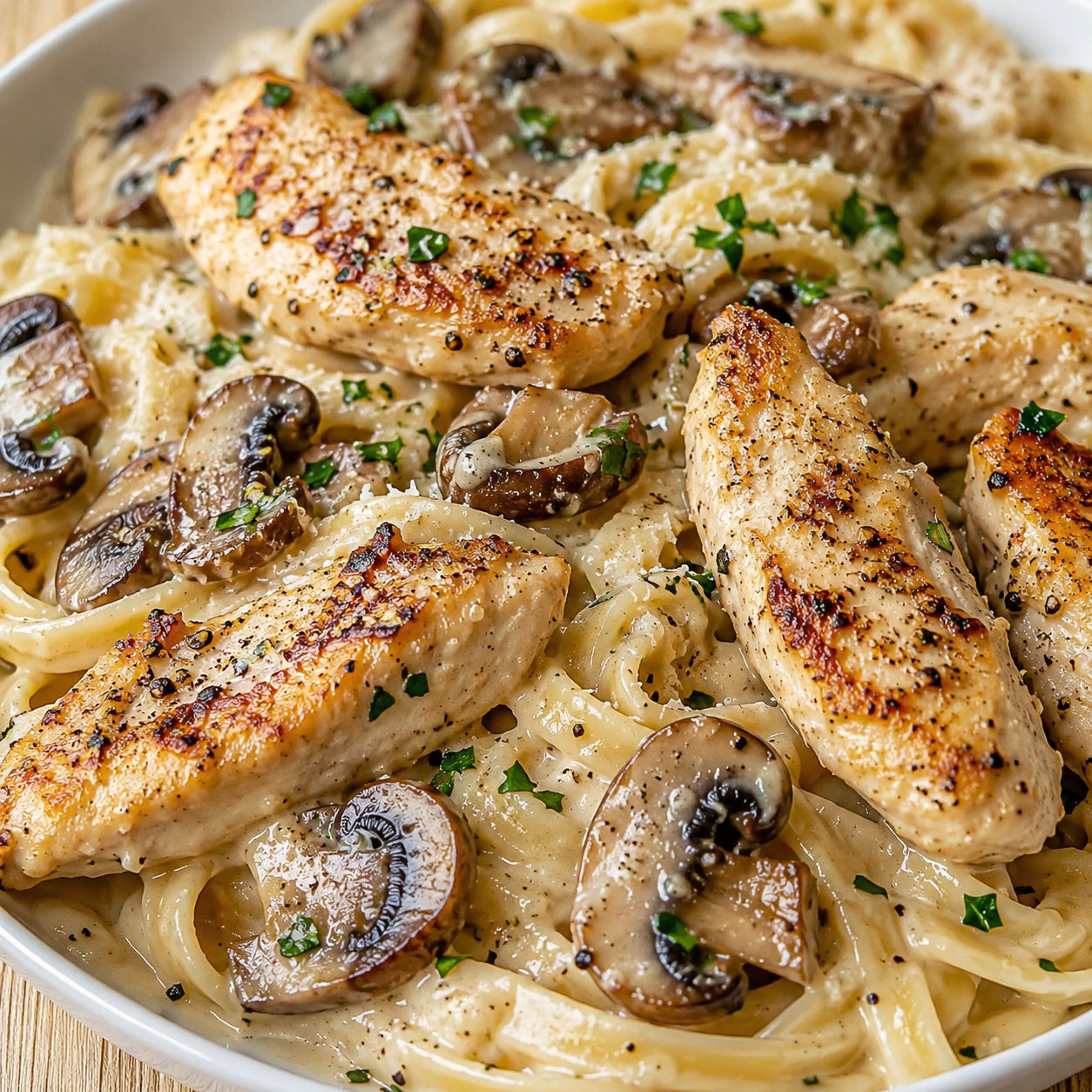 Creamy chicken and mushroom pasta with parsley in a white bowl