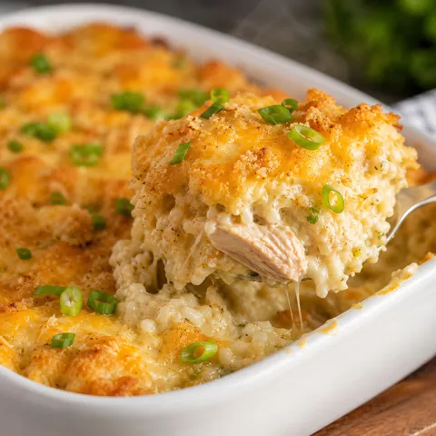 Baked chicken and rice casserole with melted cheese and green onions