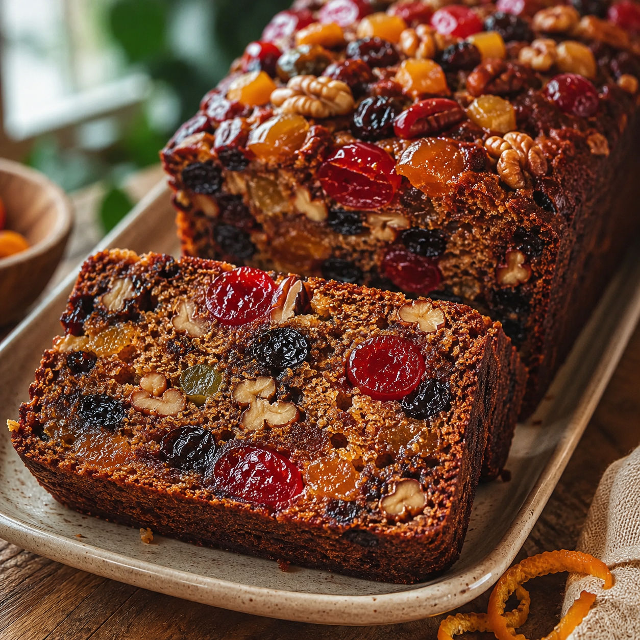 Heavenly Moist Fruitcake slices with dried fruit, candied peel, and nuts