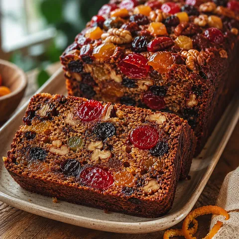 Heavenly Moist Fruitcake slices with dried fruit, candied peel, and nuts