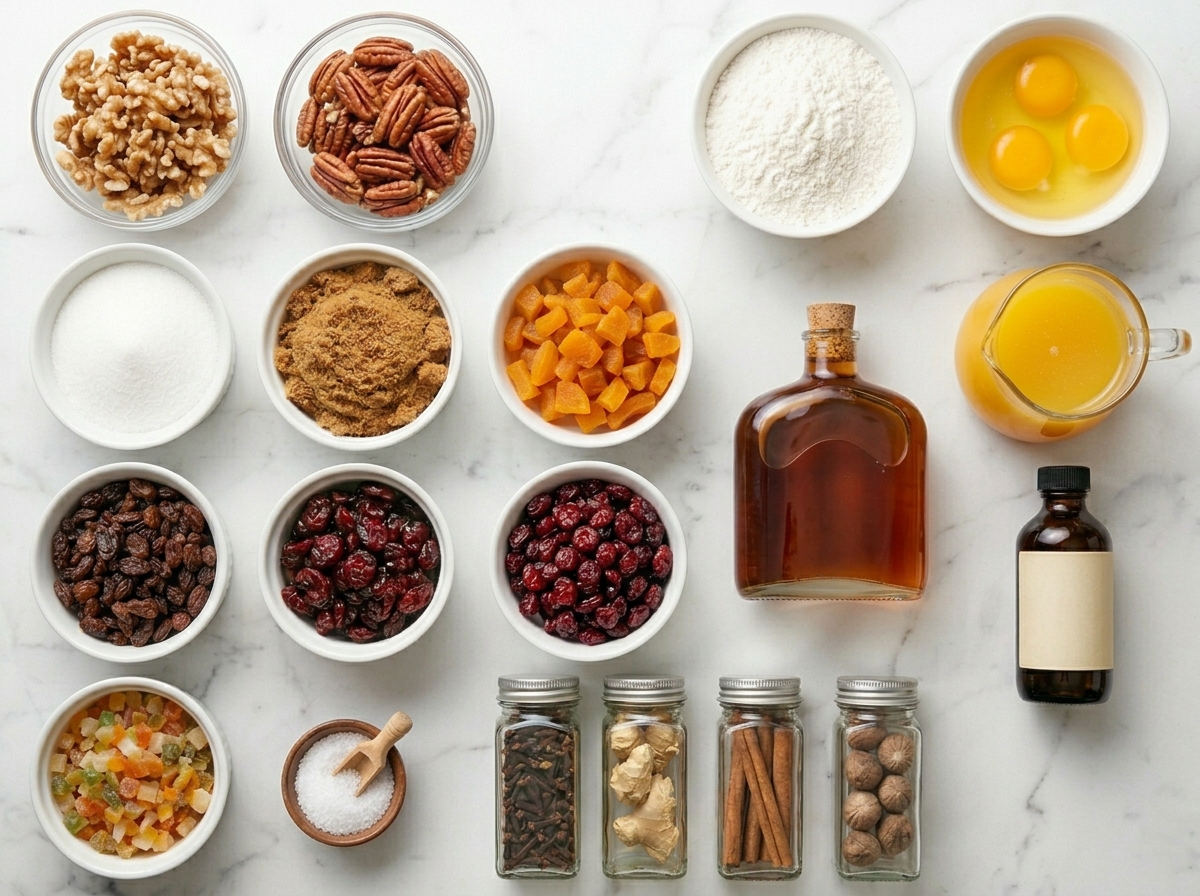 Fruitcake ingredients with dried fruit, nuts, orange juice, rum, and spices