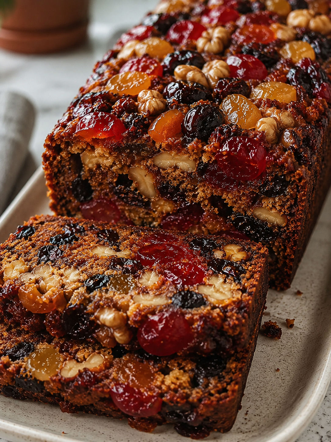 Heavenly Moist Fruitcake, plated and served