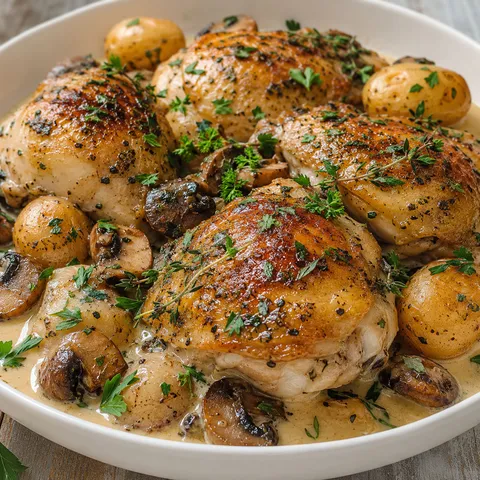 Herb roasted chicken with potatoes and mushrooms in creamy white wine sauce