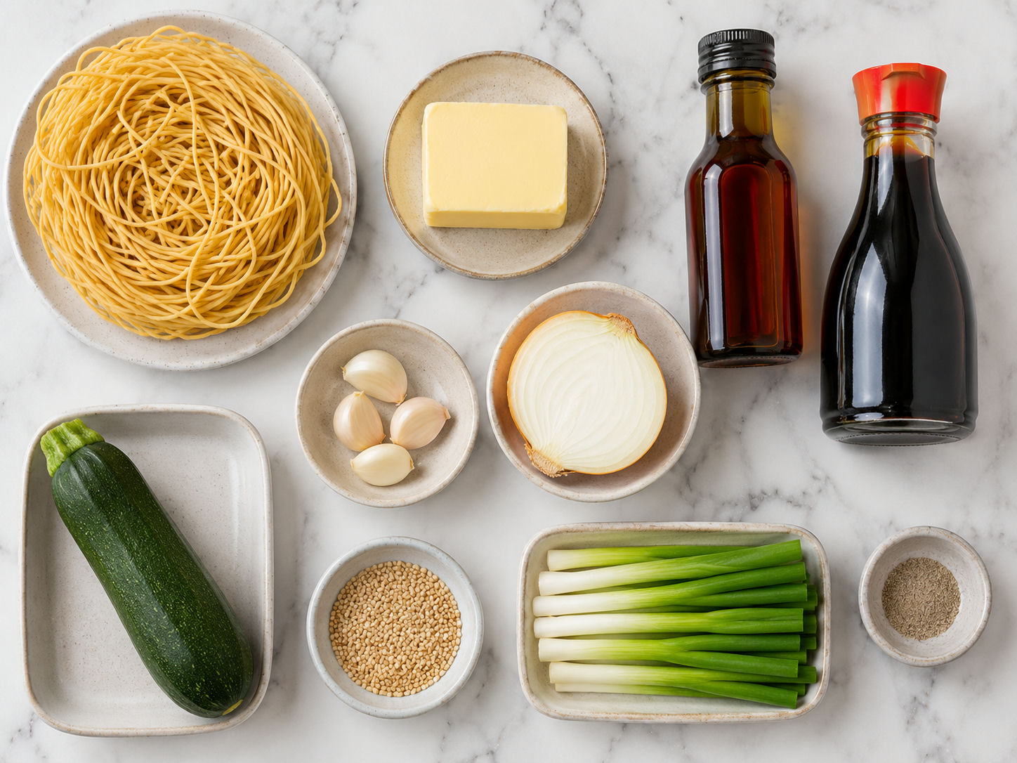 Raw ingredients for hibachi noodles including lo mein noodles, butter, garlic, soy sauce, and zucchini