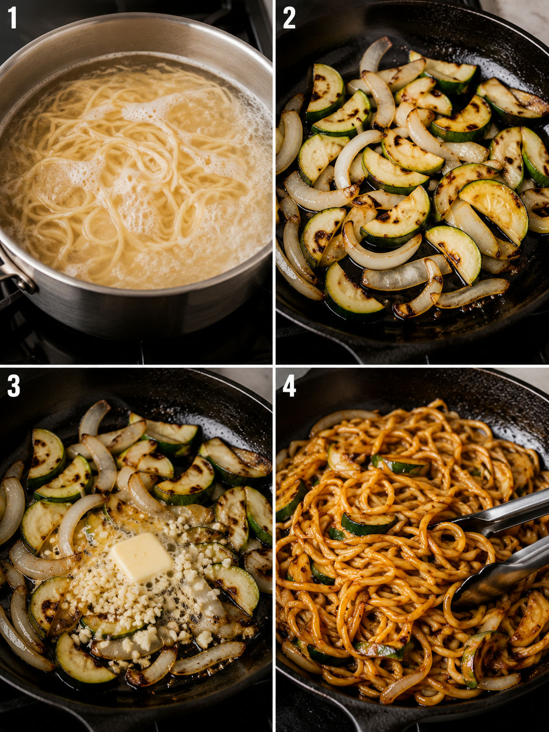 Four cooking steps for hibachi noodles from boiling to searing vegetables to tossing in garlic butter sauce