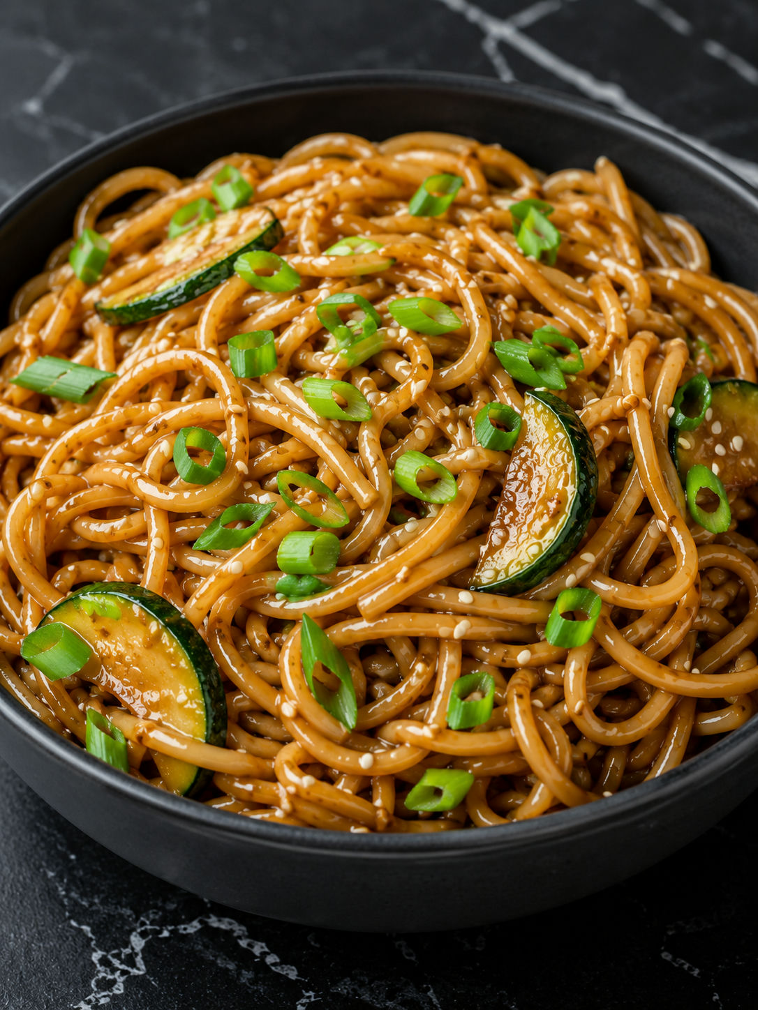 Hibachi noodles in a dark ceramic bowl with sesame seeds and green onions