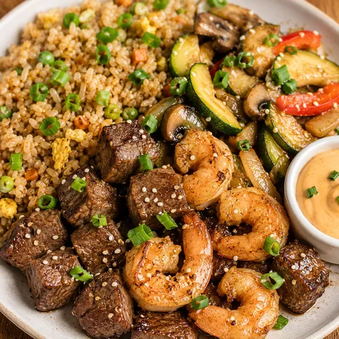 Hibachi steak and shrimp with fried rice, vegetables, and yum yum sauce