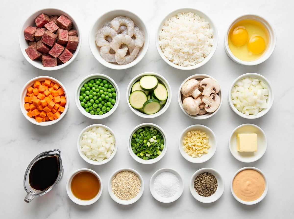 Ingredients for hibachi steak and shrimp fried rice on a wooden table