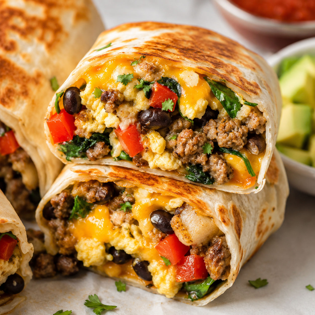 Sliced egg and sausage breakfast burrito with beans, cheddar, and peppers