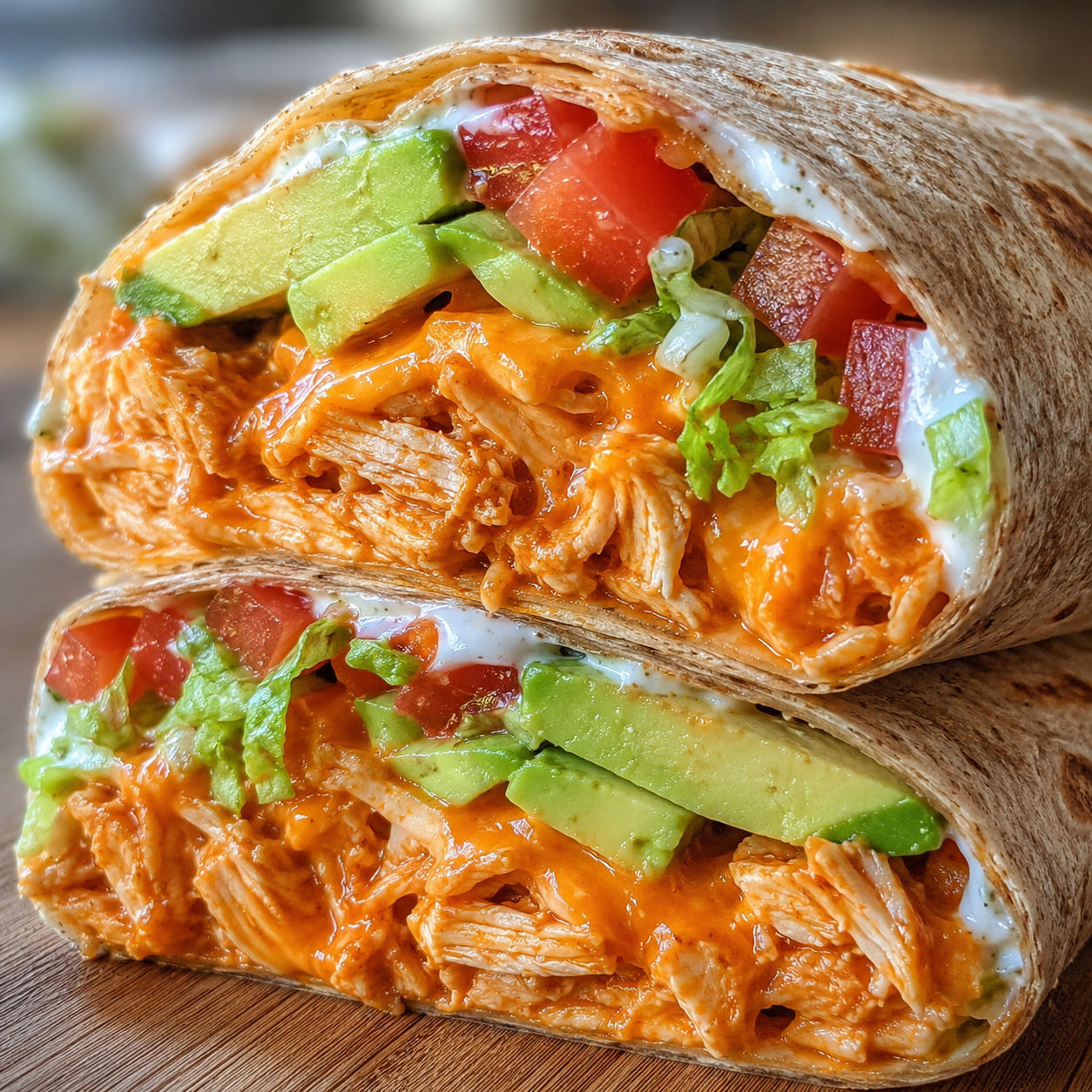 Cheesy buffalo chicken tortilla wrap with lettuce, tomato, and avocado