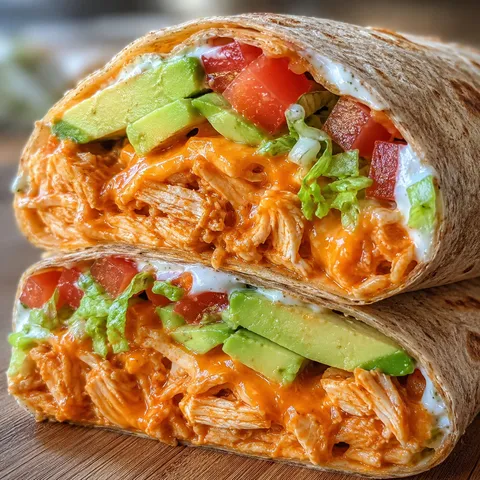Cheesy buffalo chicken tortilla wrap with lettuce, tomato, and avocado