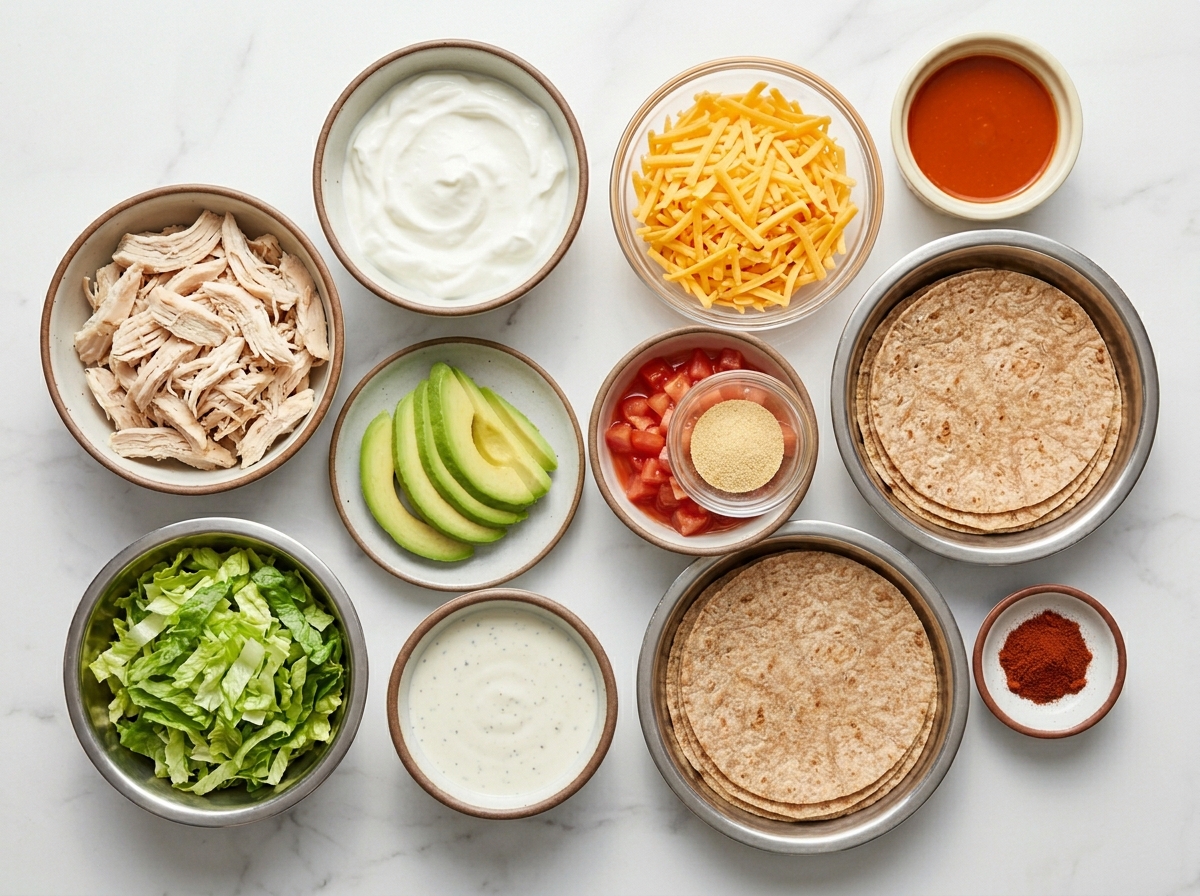 Ingredients for buffalo chicken tortilla wraps on a light wood counter