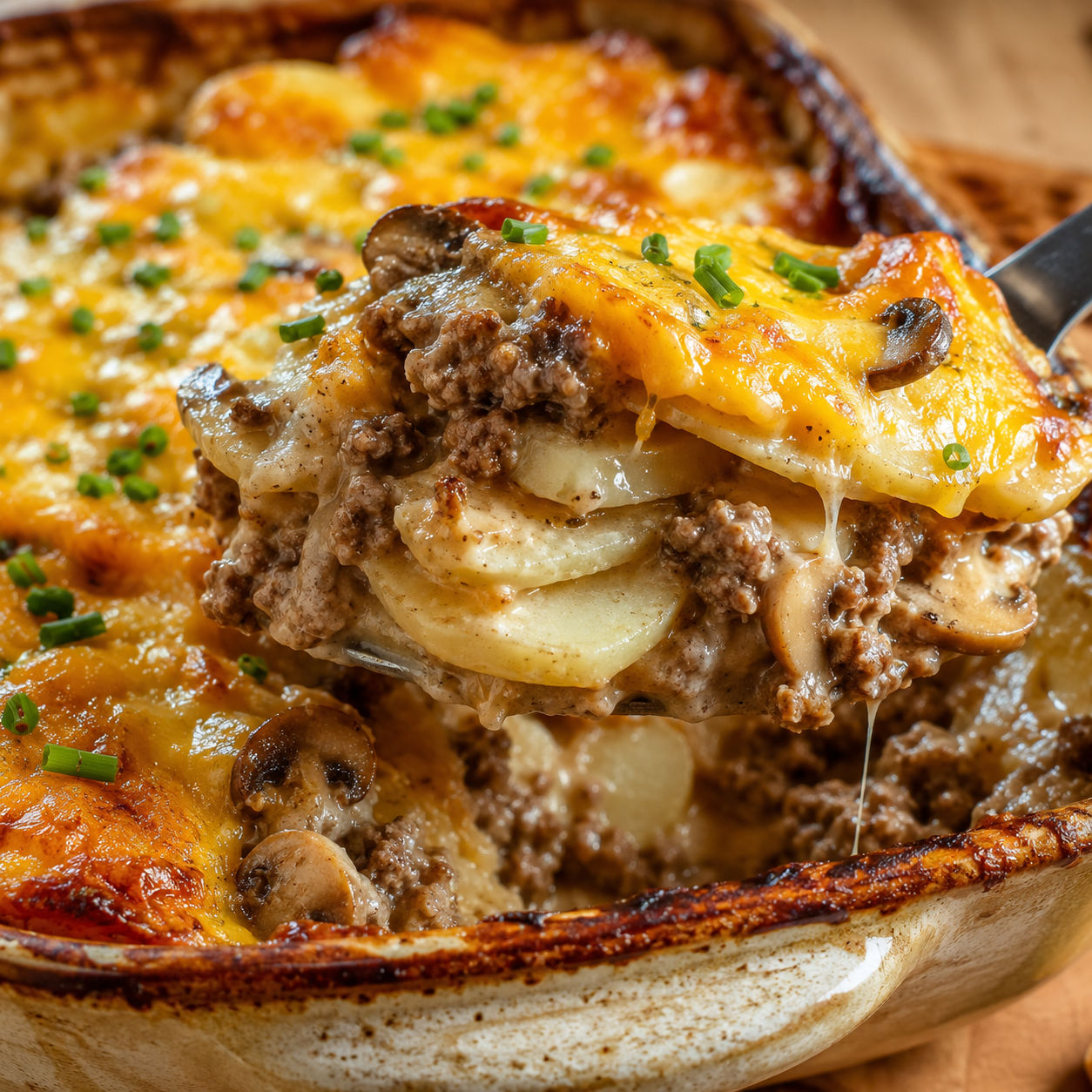 Hobo casserole with ground beef, potatoes, cheddar, and chives
