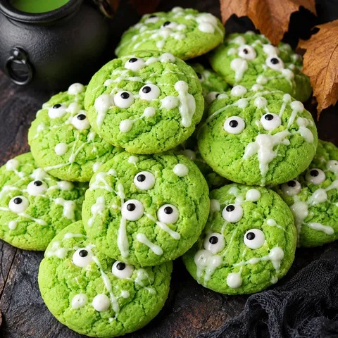 Bright green Hocus Pocus sugar cookies with candy eyes and white chocolate drizzle