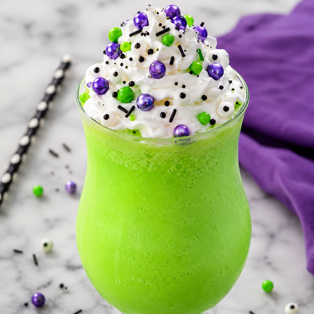 Green Halloween milkshake with whipped cream, sprinkles, and candy eyes