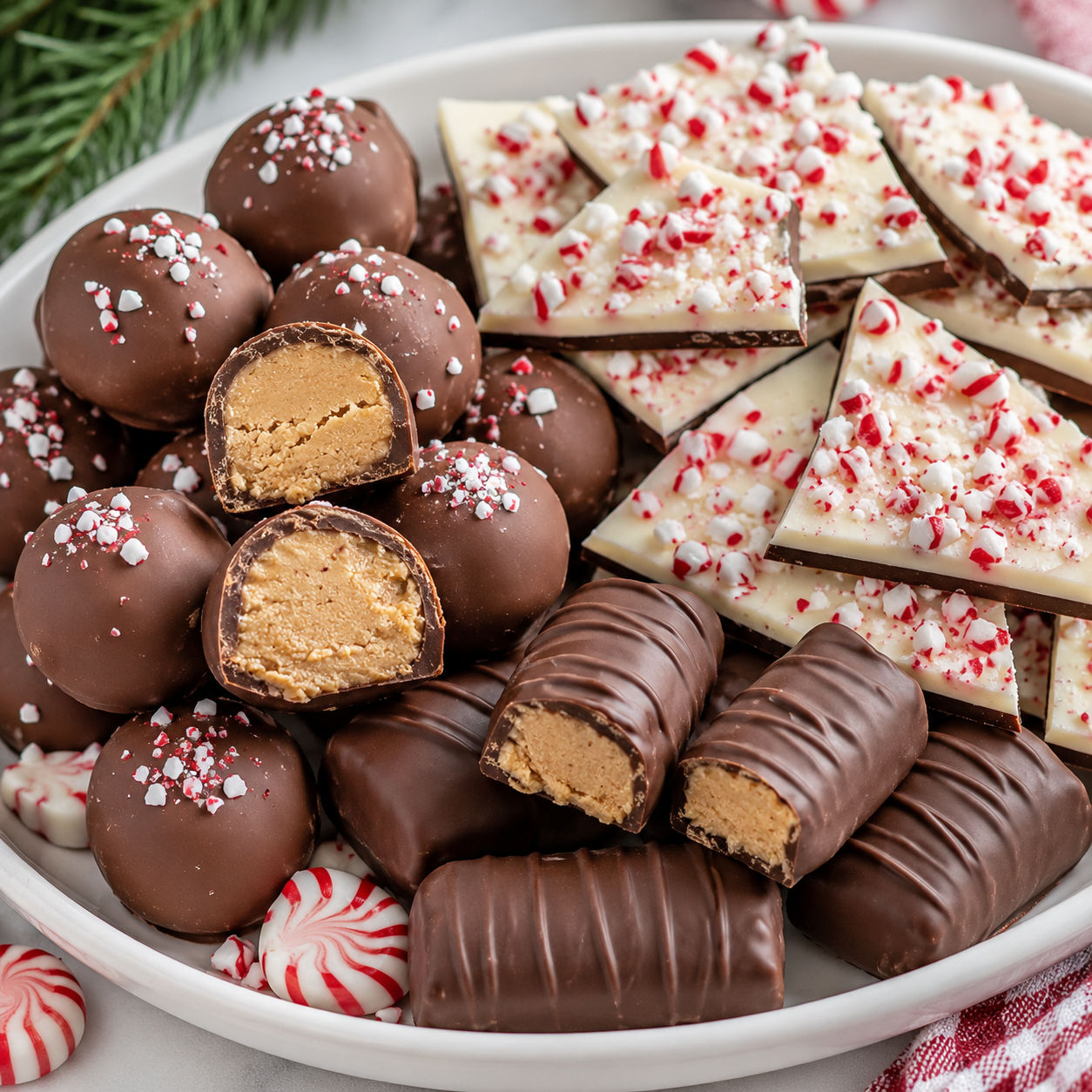 Chocolate peanut butter balls, peppermint bark, and candy bars on a festive platter