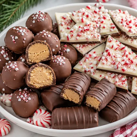 Chocolate peanut butter balls, peppermint bark, and candy bars on a festive platter