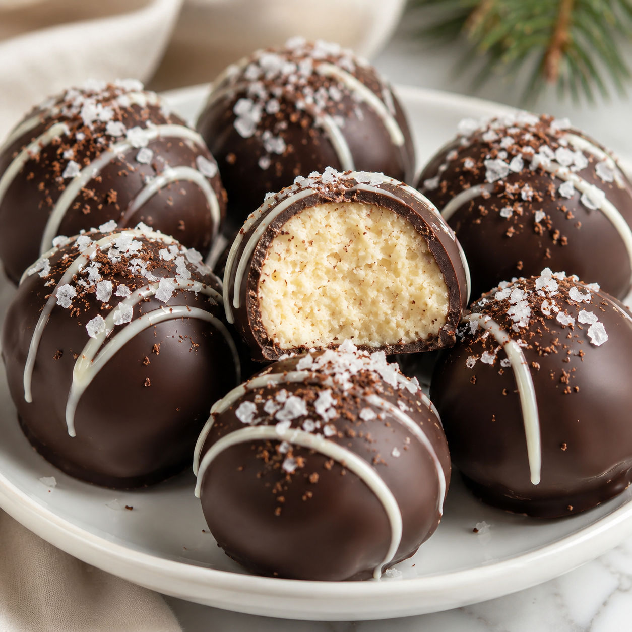 Chocolate-coated eggnog cake balls with white drizzle and nutmeg