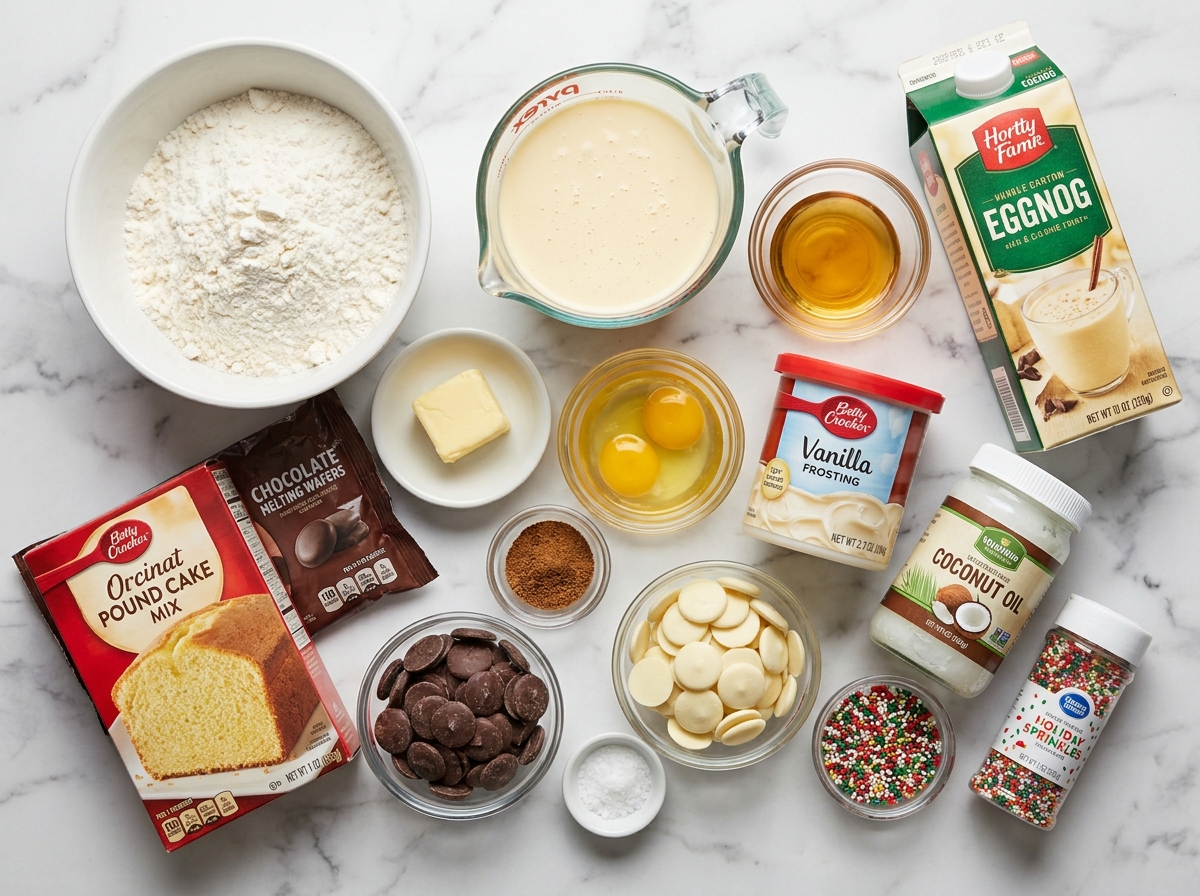 Ingredients for chocolate-coated eggnog cake balls on marble