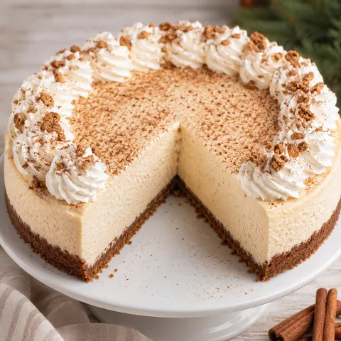 Eggnog cheesecake with gingersnap crust, whipped cream, and nutmeg