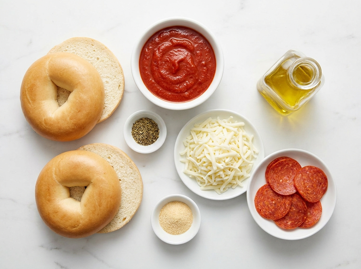 Raw ingredients for air fryer pizza bagels including bagels, pizza sauce, mozzarella, and pepperoni on marble