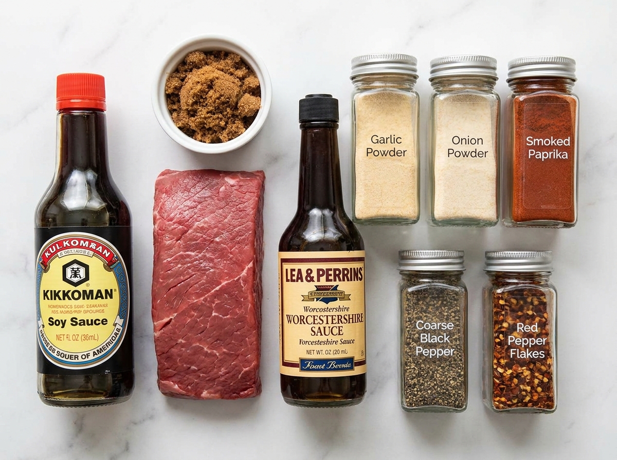 Raw beef, soy sauce, Worcestershire, and spices for homemade jerky