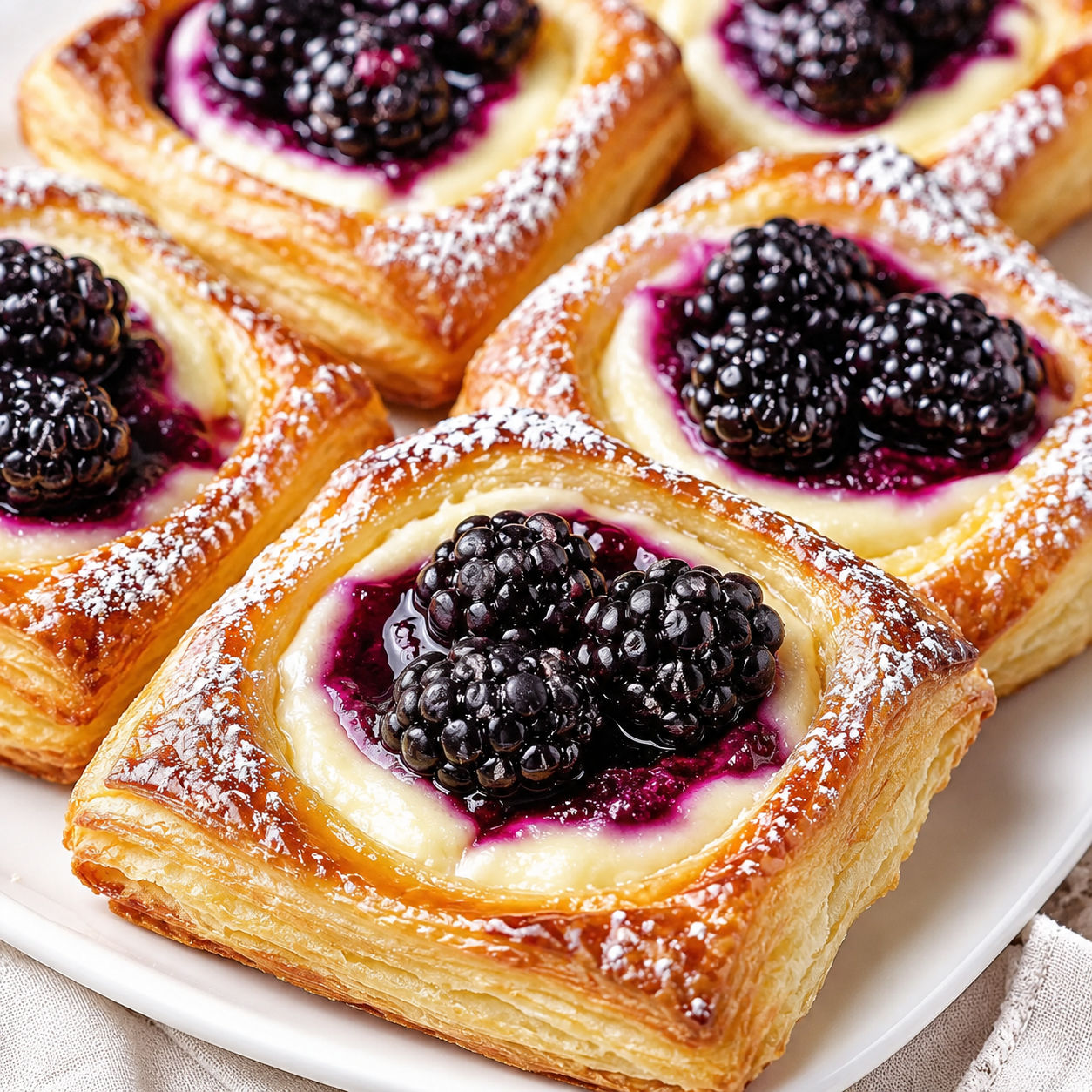 Blackberry cream cheese Danish with fresh berries and powdered sugar