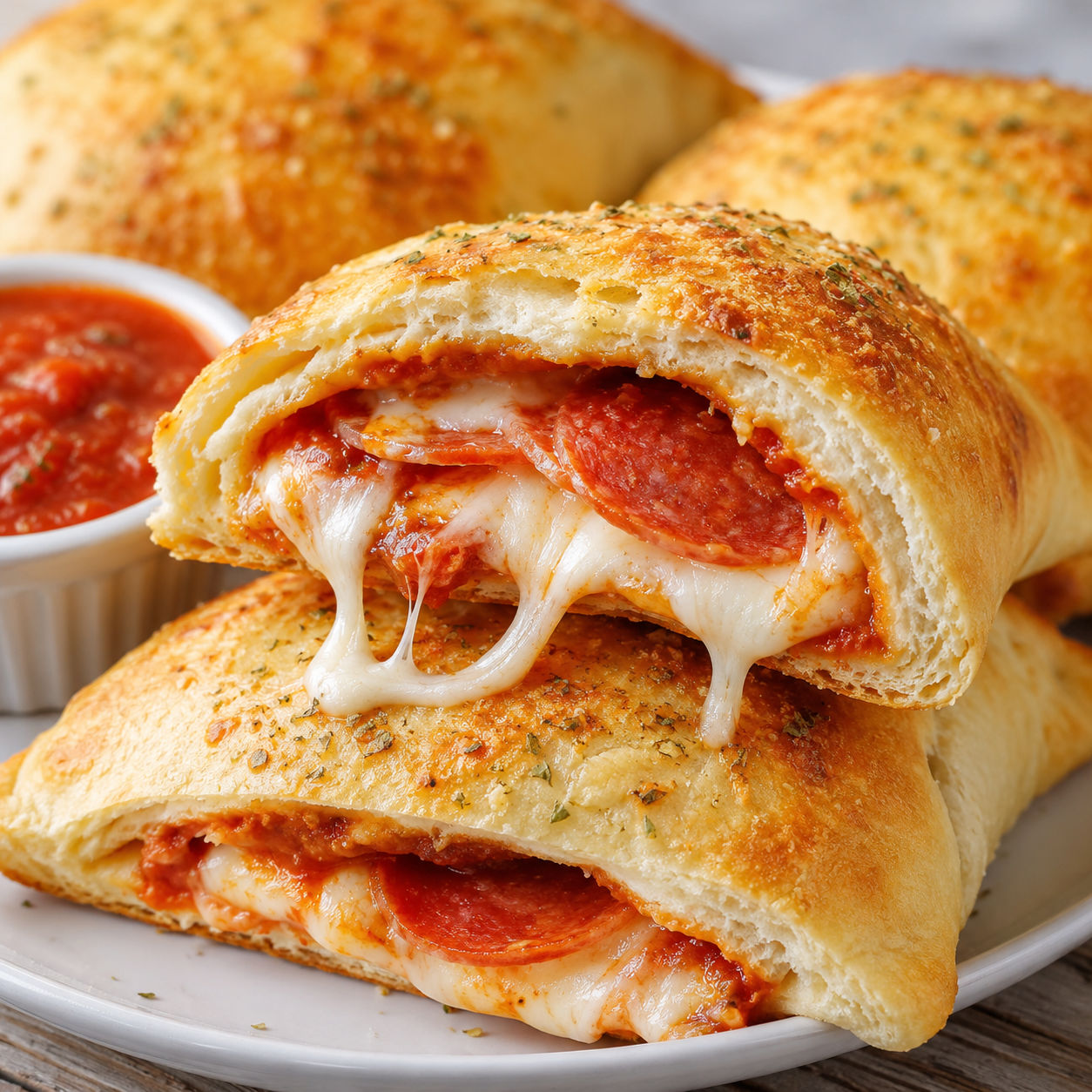 Golden pepperoni pizza pocket cut open with melted mozzarella