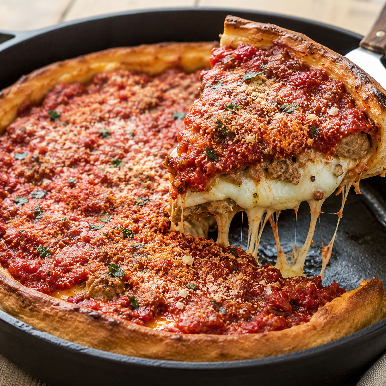 Chicago style deep dish pizza with tomato sauce, sausage, and melted cheese