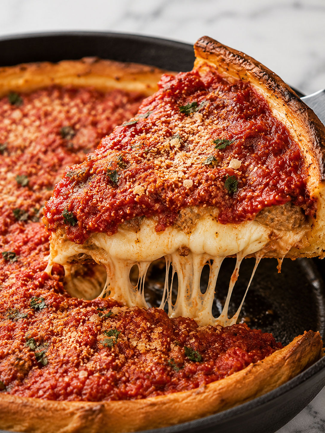 Homemade Chicago Style Deep Dish Pizza, plated and served