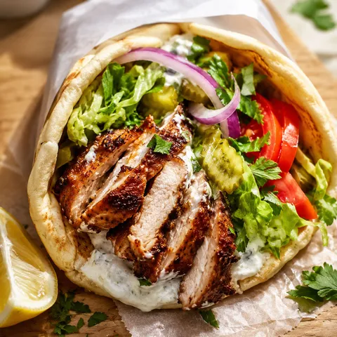Chicken shawarma wrap with creamy garlic sauce, vegetables, and pickles