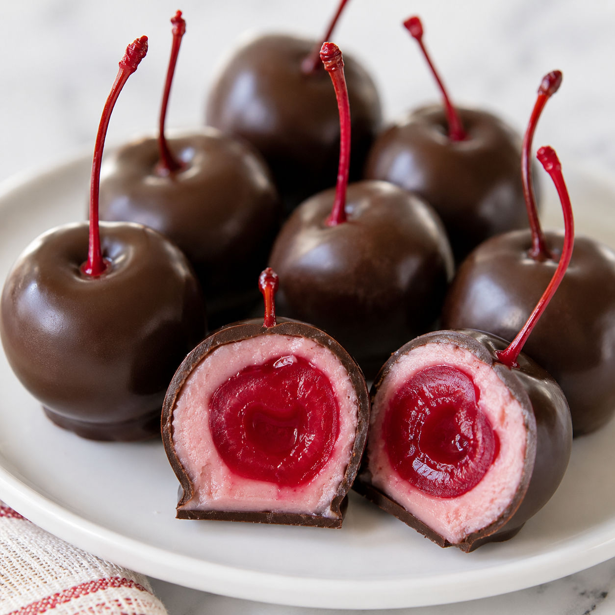 Chocolate covered cherries with glossy shells and one cut open