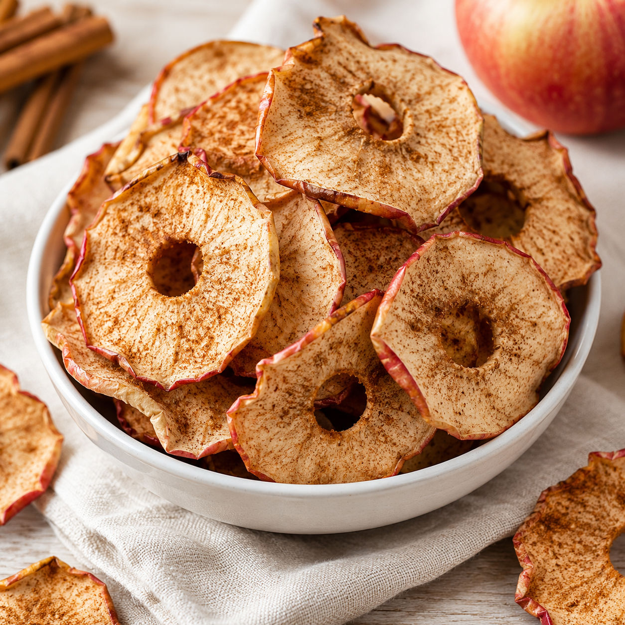 Cinnamon apple chips in a white bowl with crisp curled edges