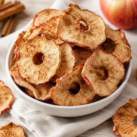 Cinnamon apple chips in a white bowl with crisp curled edges