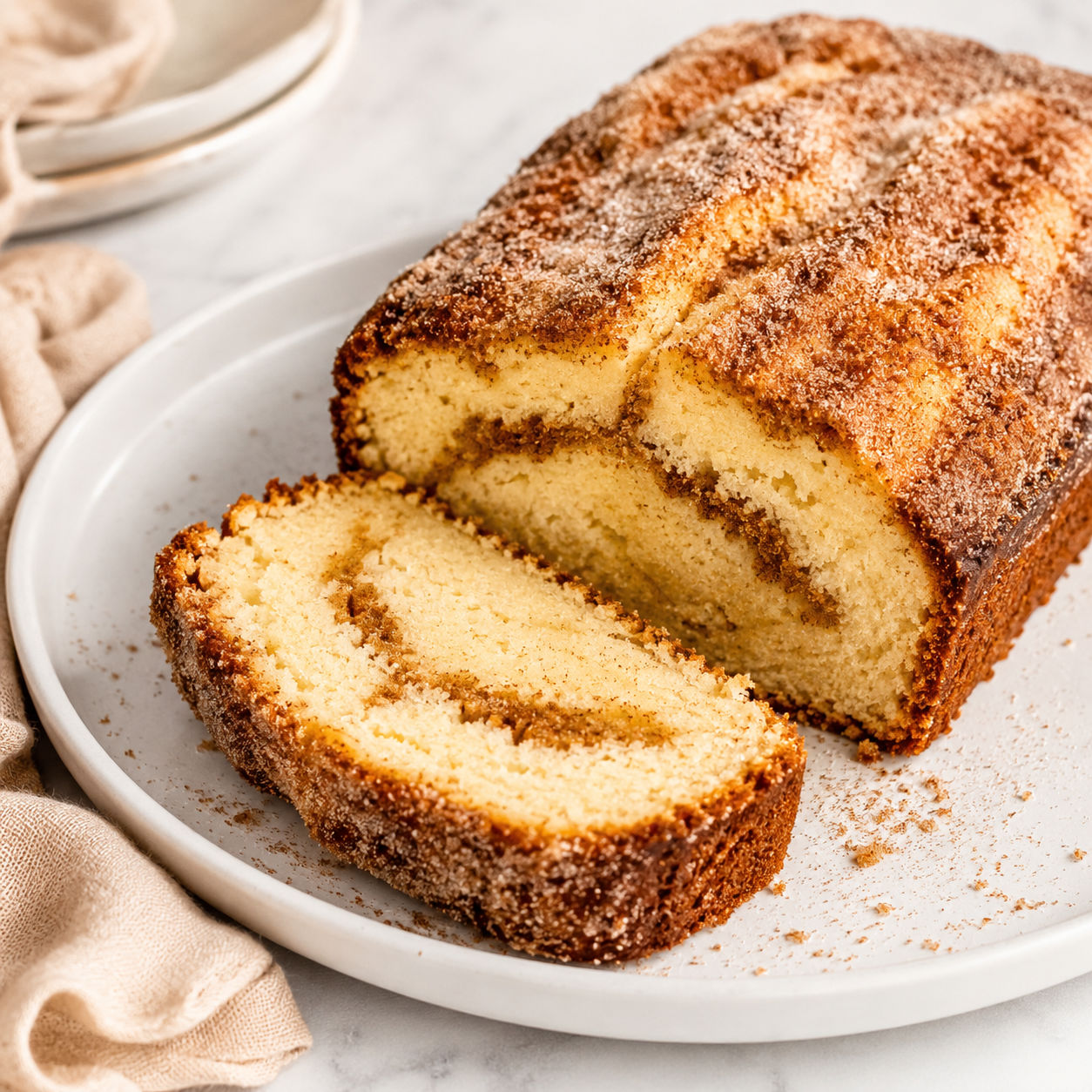 Homemade cinnamon donut bread loaf with sliced cinnamon-sugar crust