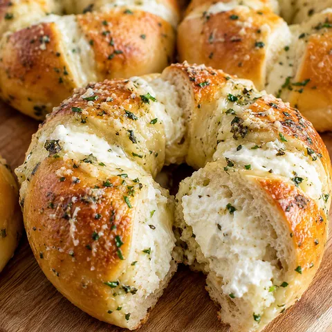 Cream cheese stuffed garlic bagels with parsley butter and parmesan