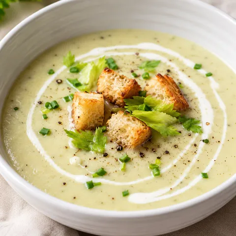 Cream of celery soup with celery leaves, chives, and croutons