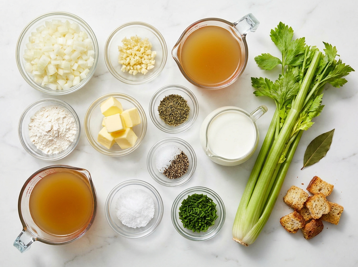 Ingredients for cream of celery soup with celery, broth, milk, and herbs