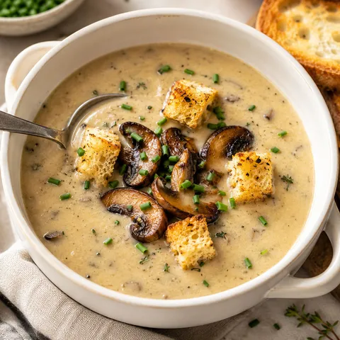 Cream of mushroom soup with croutons, chives, and browned mushrooms