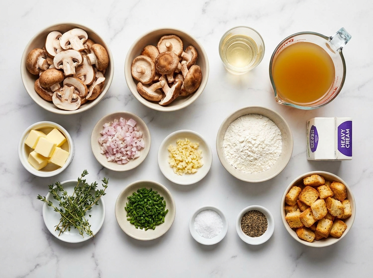 Ingredients for cream of mushroom soup with mushrooms, cream, herbs, and broth