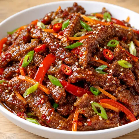 Homemade crispy chilli beef with peppers, carrot, spring onions, and sesame