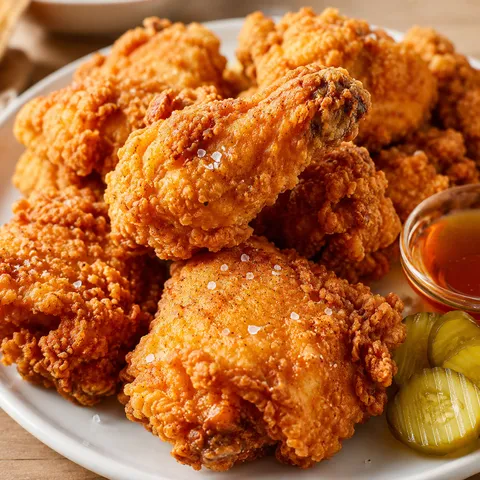 Golden crispy fried chicken on a platter with pickles and honey