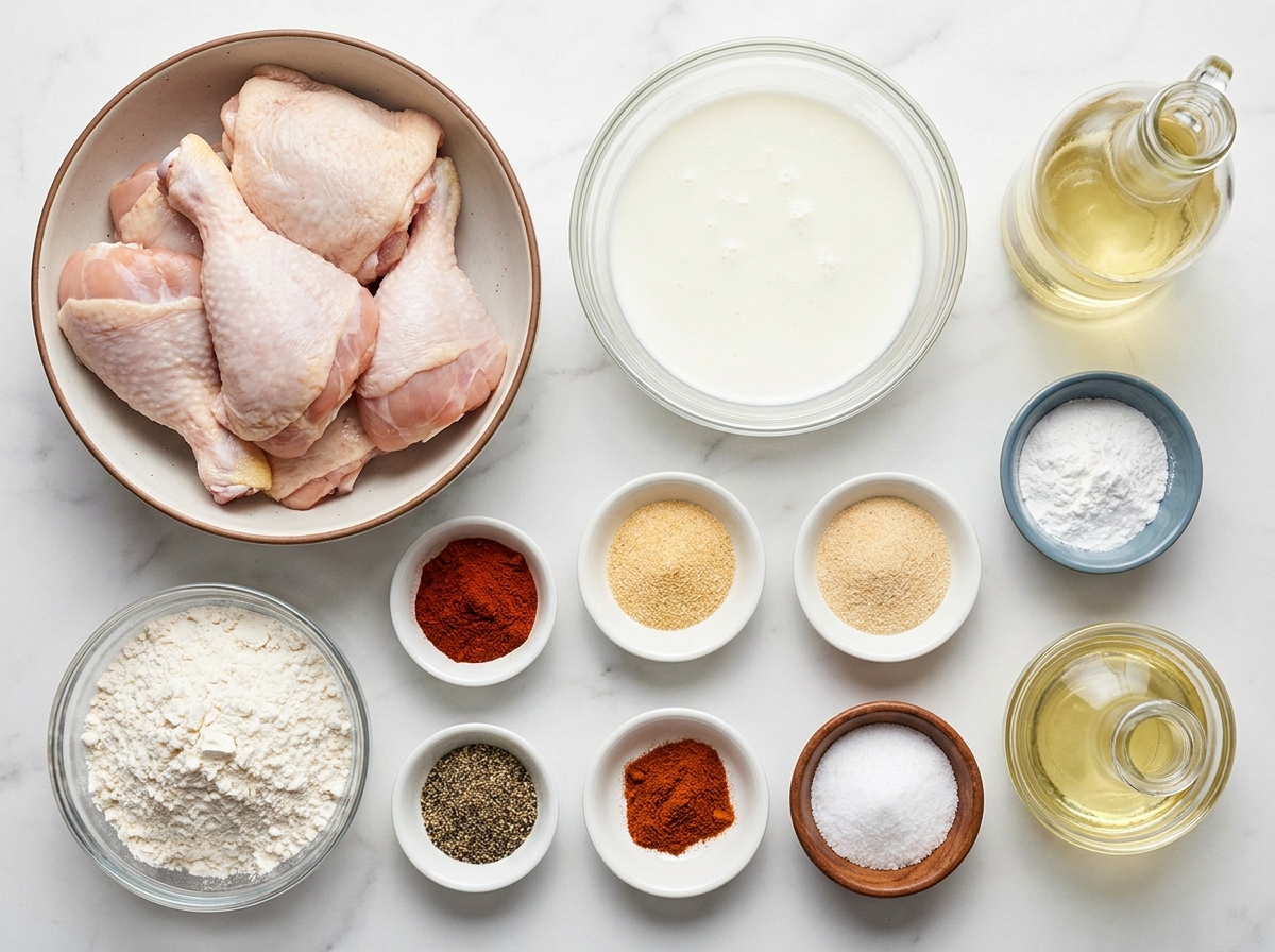 Raw ingredients for crispy fried chicken with buttermilk and spices