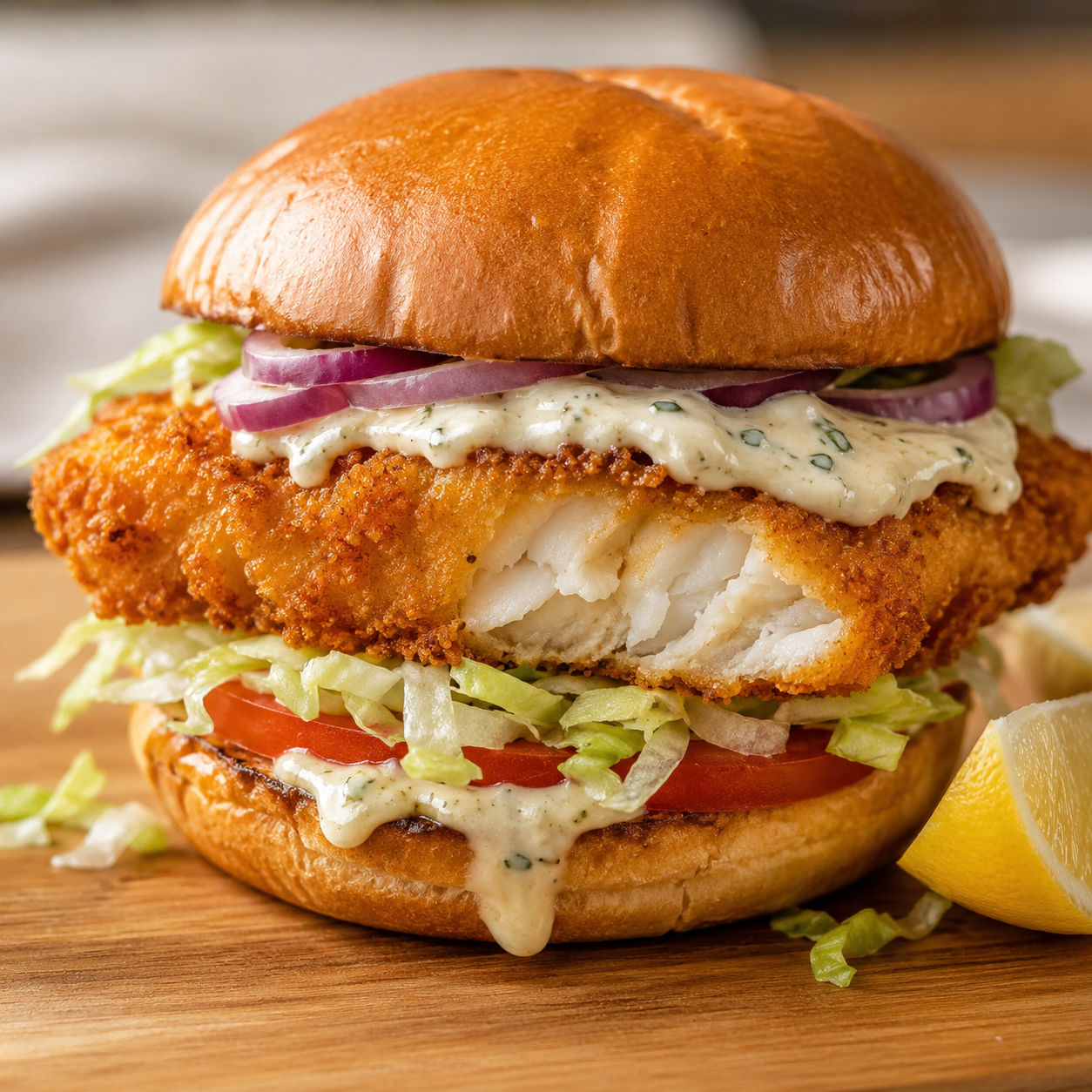 Crispy fried cod sandwich with tartar sauce, lettuce, tomato, and onion