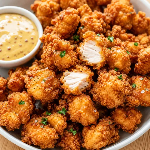Homemade crispy popcorn chicken with honey mustard dip