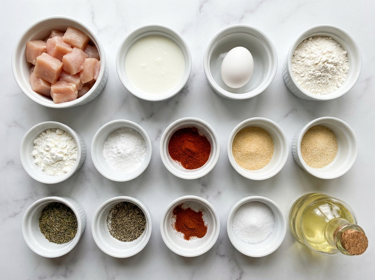 Raw ingredients for homemade crispy popcorn chicken on a wooden surface