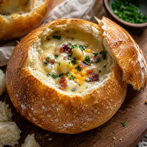 Crusty bread bowl filled with creamy soup and parsley
