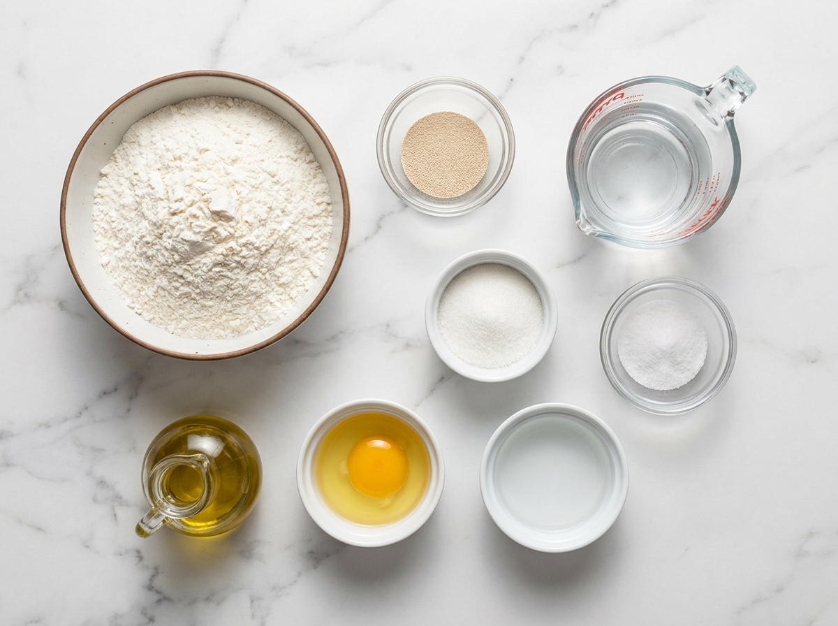 Bread bowl ingredients with flour, yeast, olive oil, egg, salt, and sugar