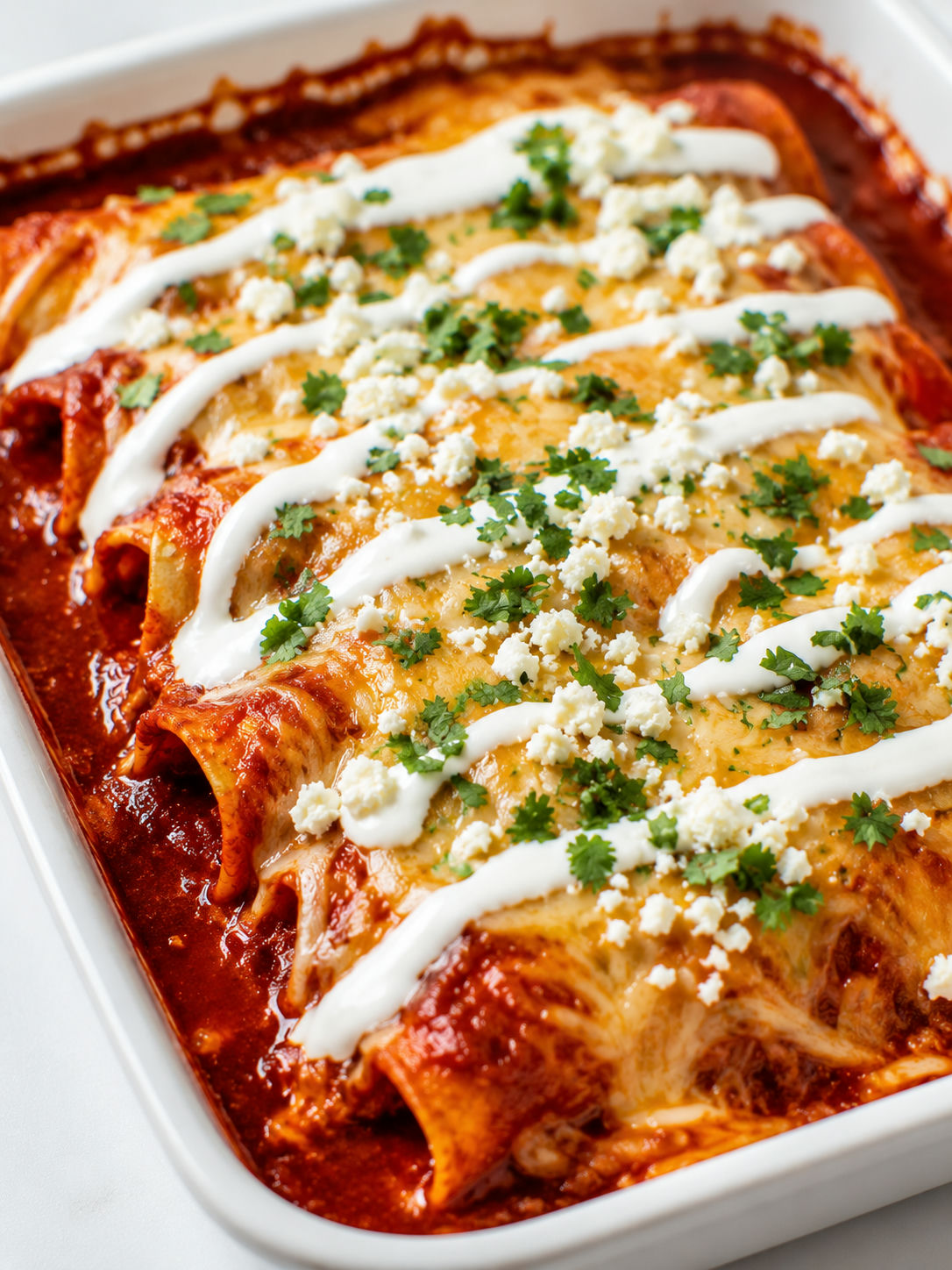 Close-up of enchiladas rojas with red chile sauce, melted cheese, crema, and fresh cilantro