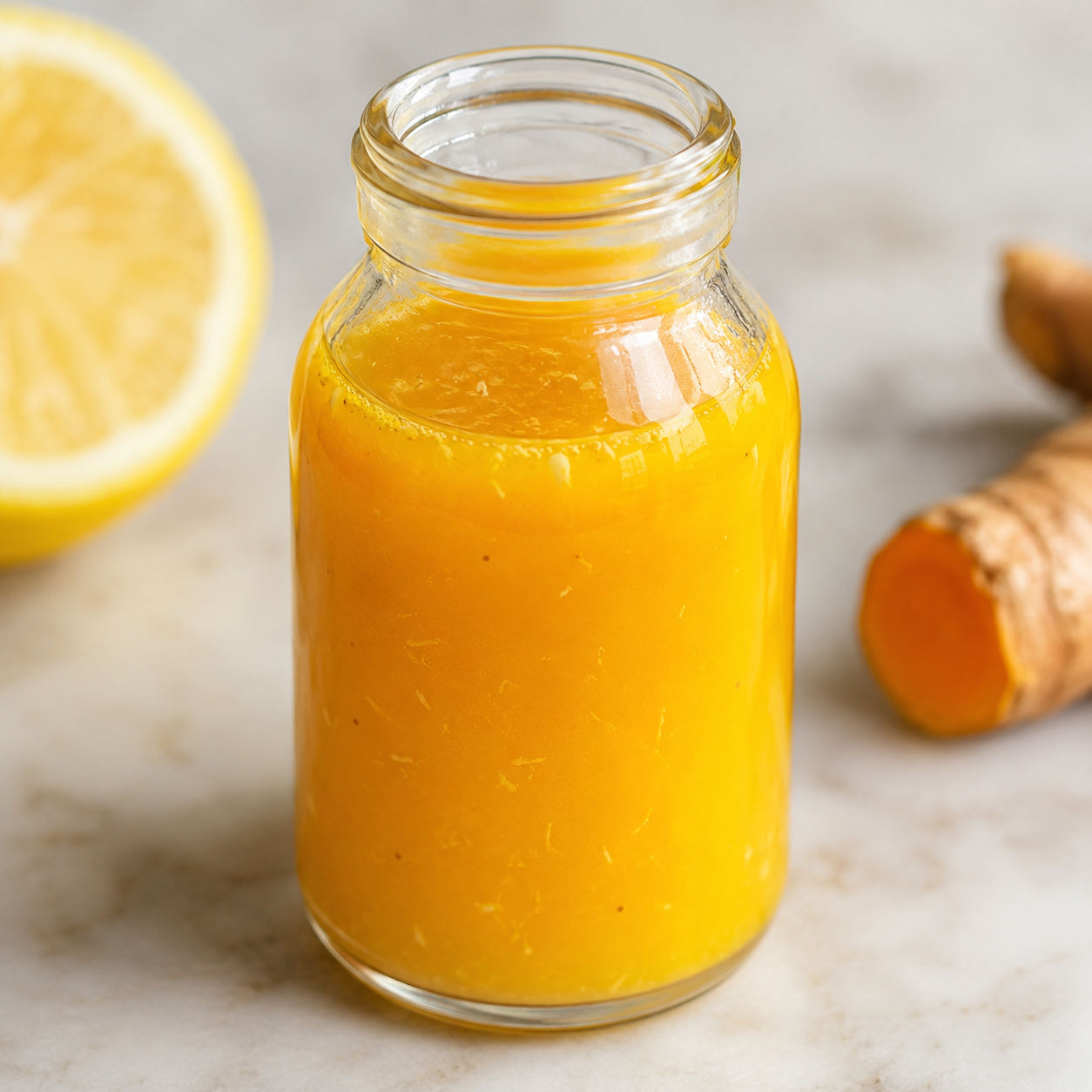 Golden ginger turmeric energy shot in a small glass bottle with lemon and fresh turmeric